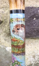 Load image into Gallery viewer, Otters in the river hand painted stag horn thumb stick by Helen Elizabeth