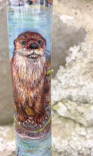Load image into Gallery viewer, Otters in the river hand painted stag horn thumb stick by Helen Elizabeth
