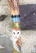 Load image into Gallery viewer, Barn Owl at Dusk hand painted stag horn thumbstick by Helen Elizabeth Studios