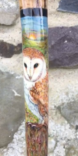 Load image into Gallery viewer, Barn Owl at Dusk hand painted stag horn thumbstick by Helen Elizabeth Studios