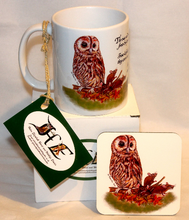 Load image into Gallery viewer, Wildlife Getting Along Collection - Owl and Mice Ceramic Mug and Coaster with Poem by Helen Elizabeth