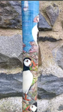 Load image into Gallery viewer, Puffins on rocks hand painted thumbstick by Helen Elizabeth