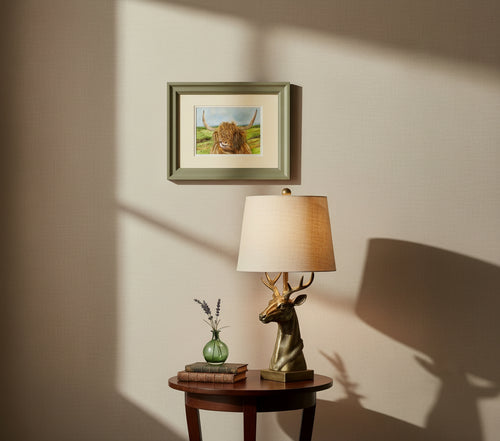 highland cow by a loch colouered pencil drawing by Helen Elizabeth Studios