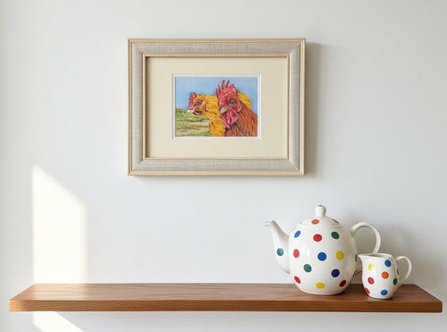 Chicken and Cockerell  colouered pencil drawing by Helen Elizabeth Studios