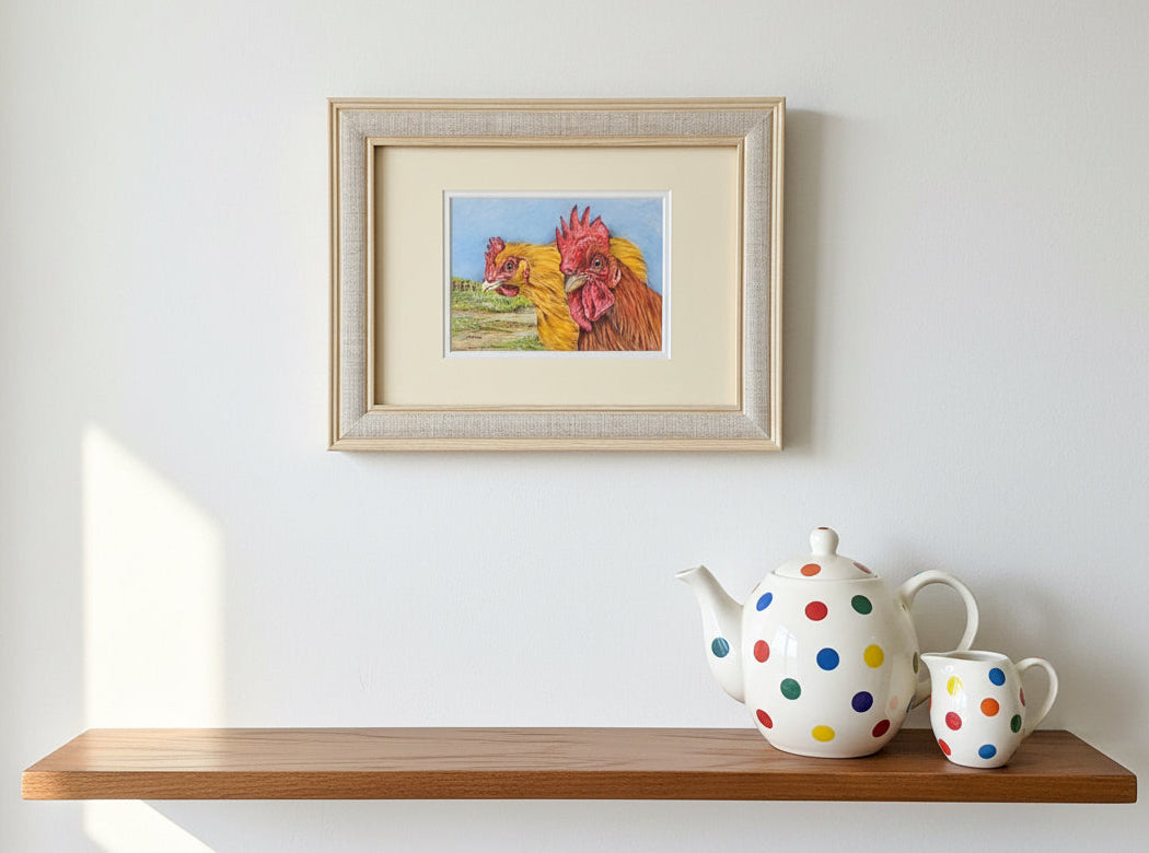 Chicken and Cockerell  colouered pencil drawing by Helen Elizabeth Studios