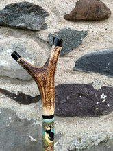 Load image into Gallery viewer, Puffins on the Rocks. Hand Painted Hazel Antler Handled Thumbstick
