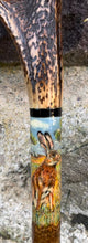 Load image into Gallery viewer, Hares in a field Hand Painted on Antler Handle Hazel Thumbstick by Helen Elizabeth Studios
