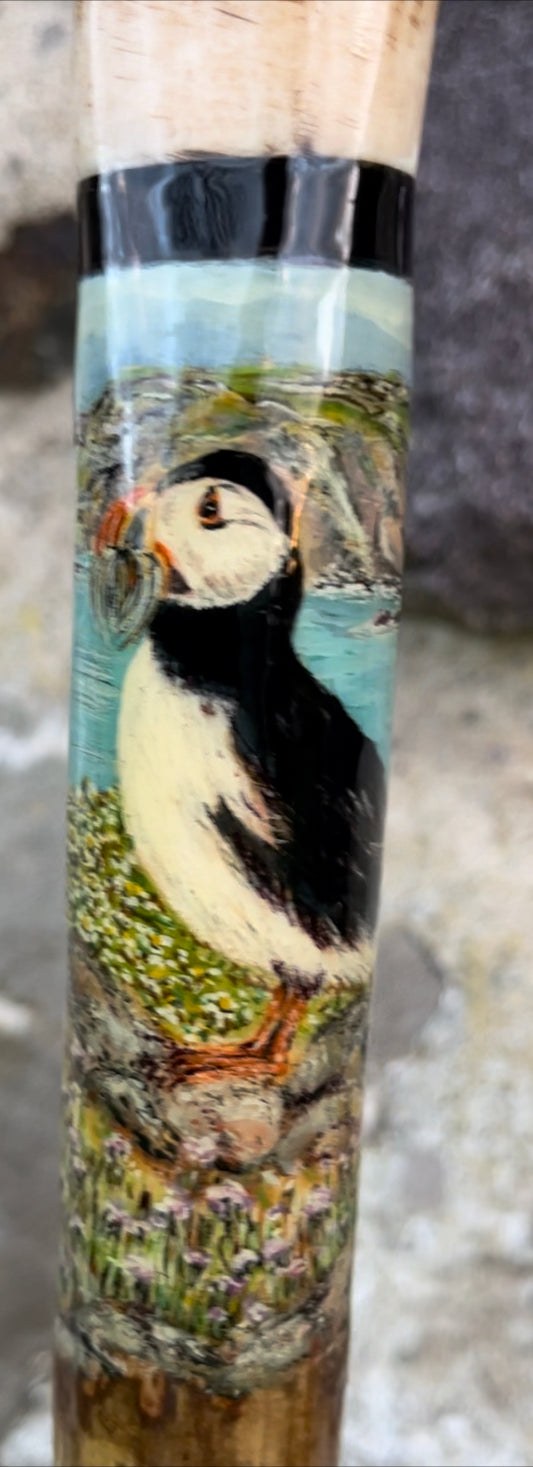 Puffins on the Rocks. Hand Painted Hazel Antler Handled Thumbstick