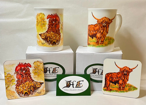 Highland cow China mug cockerel China mug gift set by Helen Elizabeth Studios 