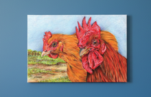 Load image into Gallery viewer, Chicken and Cockerell  colouered pencil drawing by Helen Elizabeth Studios
