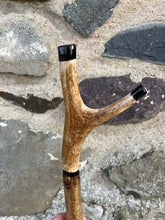 Load image into Gallery viewer, Hazel wood antler handled, handmade wooden walking sticks thumbsticks hiking sticks by Helen Elizabeth Studios

