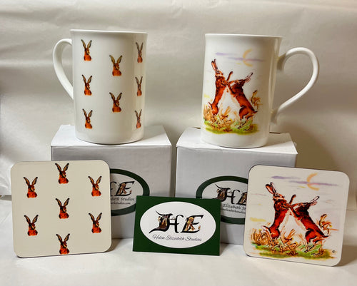 Wild hare boxing hare China mug and coaster by Helen Elizabeth Studios