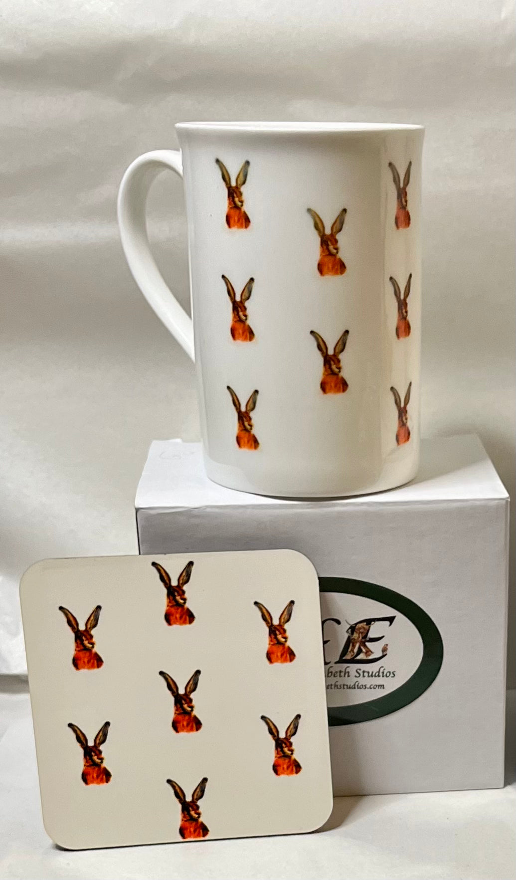 Wild hare boxing hare China mug and coaster by Helen Elizabeth Studios