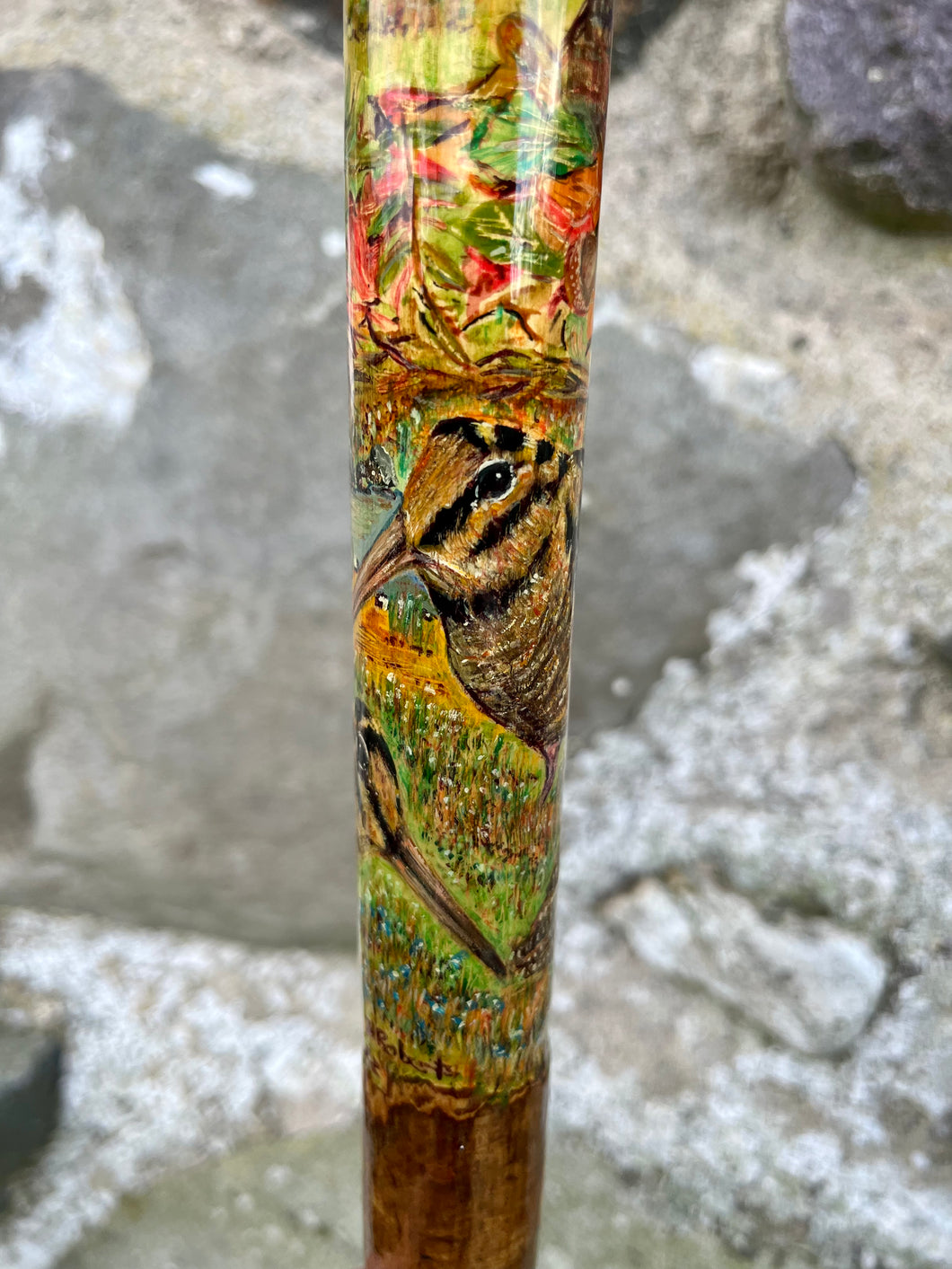 Woodcocks - Hand Painted Hazel  Wood Thumbstick with Antler Handle