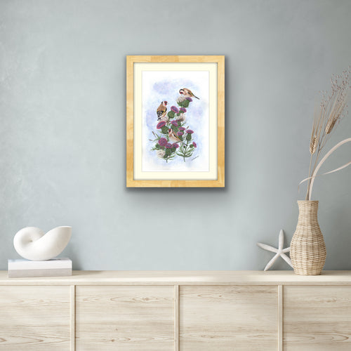 Giclee signed limited edition print by Helen Elizabeth Studios - Goldfinch on Thistle