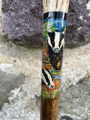 Badger in moonlight handpainted wooden antler  topped thumb walking stick by Helen Elizabeth