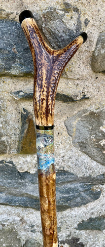 Painted Leaping Salmon Hazel wood thumbstick Helen Elizabeth Studios 