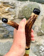 Load image into Gallery viewer, Red Grouse Hand Painted Hazel Thumbstick with Antler Handle by Helen Elizabeth
