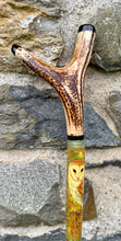 Load image into Gallery viewer, Barn Owls on hazel country antler handled thumbstick
