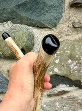 Load image into Gallery viewer, red stag grouse salmon antler hazel country thumbstick by Helen Elizabeth
