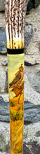 Load image into Gallery viewer, Falcon on Glove Desert Scene with Saluki Dog  - Antler handled Hazel Country Thumbstick/hiking/walking stick by Helen Elizabeth
