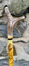 Load image into Gallery viewer, Falcon on Glove Desert Scene with Saluki Dog  - Antler handled Hazel Country Thumbstick/hiking/walking stick by Helen Elizabeth

