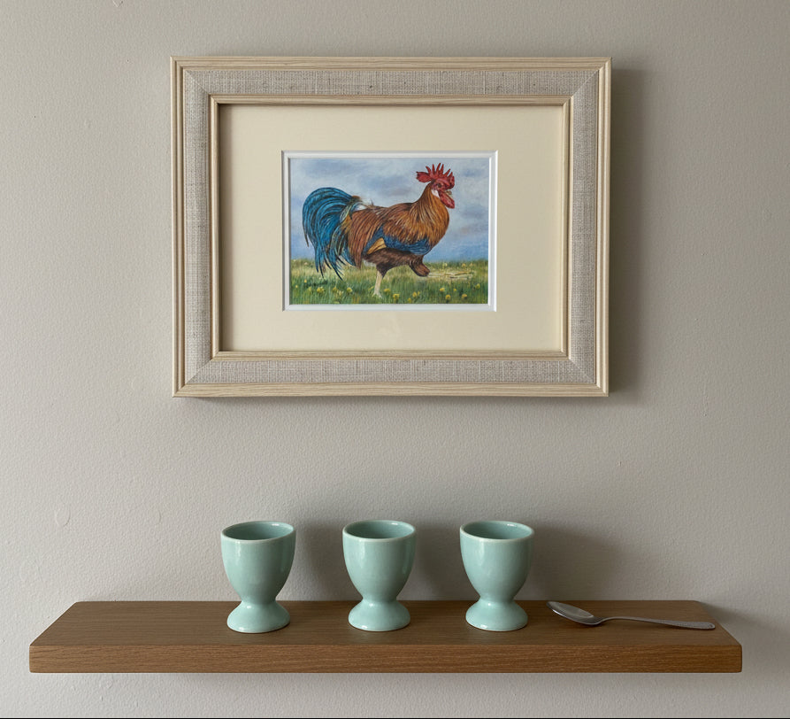 Striding cockerel colouered pencil drawing by Helen Elizabeth Studios