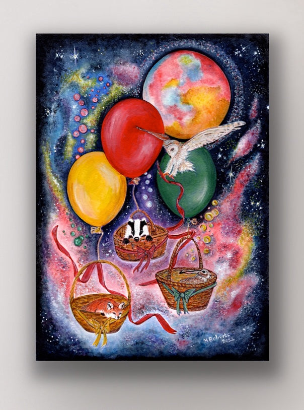 Fantasy Wildlife in baskets floating away in balloons Sined Limited Edition Giclee Print by Helen Elizabeth Studios