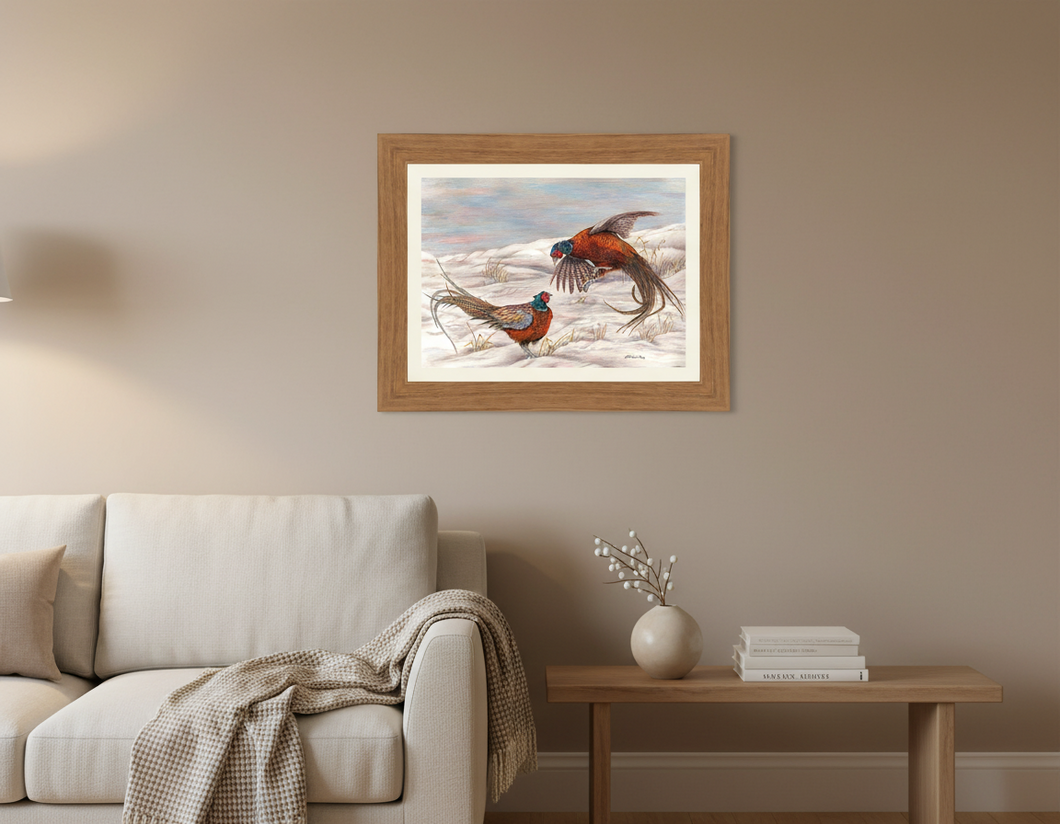 Winter Fighting Pheasant Signed limited Giclee print by Helen Elizabeth Studios