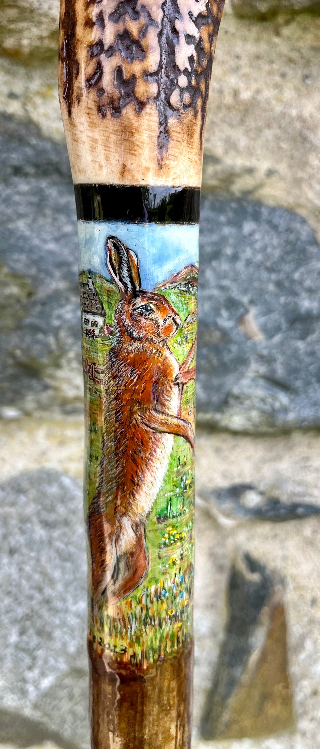 Pair Boxing Hares Hand Painted on Antler Handle Hazel  wooden Thumbstick  walking stick by Helen Elizabeth Studios