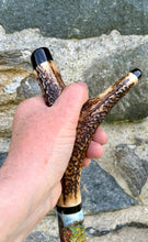 Load image into Gallery viewer, Pair Boxing Hares Hand Painted on Antler Handle Hazel Thumbstick by Helen Elizabeth Studios
