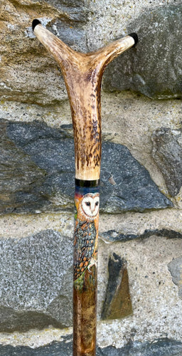 Barn Owl Hand Painted on Antler Handle wooden  Hazel Thumbstick walking stick by Helen Elizabeth Studios