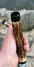 Load image into Gallery viewer, Pair Boxing Hares Hand Painted on Antler Handle Hazel Thumbstick by Helen Elizabeth Studios
