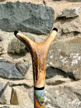 Load image into Gallery viewer, Nuthatch Painted on Antler Handle Hazel Thumbstick by Helen Elizabeth Studios
