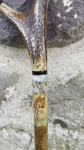 Load and play video in Gallery viewer, Hares in a field Hand Painted on Antler Handle Hazel Thumbstick by Helen Elizabeth Studios
