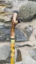 Load and play video in Gallery viewer, Goldfinches on Thistle- Hand Painted Hazel Thumbstick with Antler Handle on
