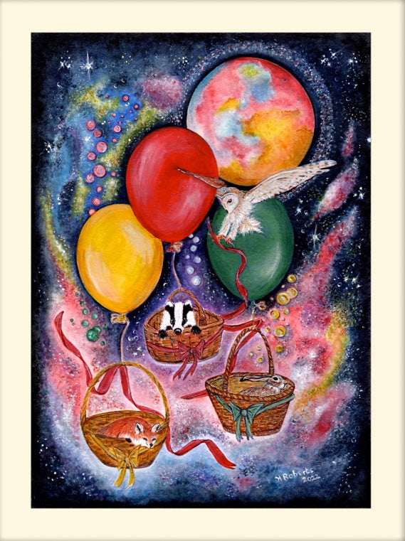 Fantasy Wildlife in baskets floating away in balloons Sined Limited Edition Giclee Print by Helen Elizabeth Studios