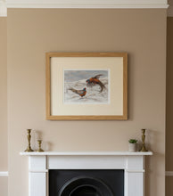 Load image into Gallery viewer, winter fighting pheasants colouered pencil drawing by Helen Elizabeth Studios original framed
