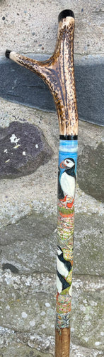 Puffins on rocks hand painted thumbstick by Helen Elizabeth