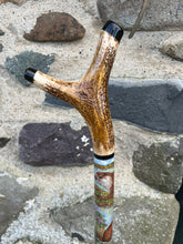 Load image into Gallery viewer, Otters in the River - Hand Painted Hazel Thumbstick with Antler Handle
