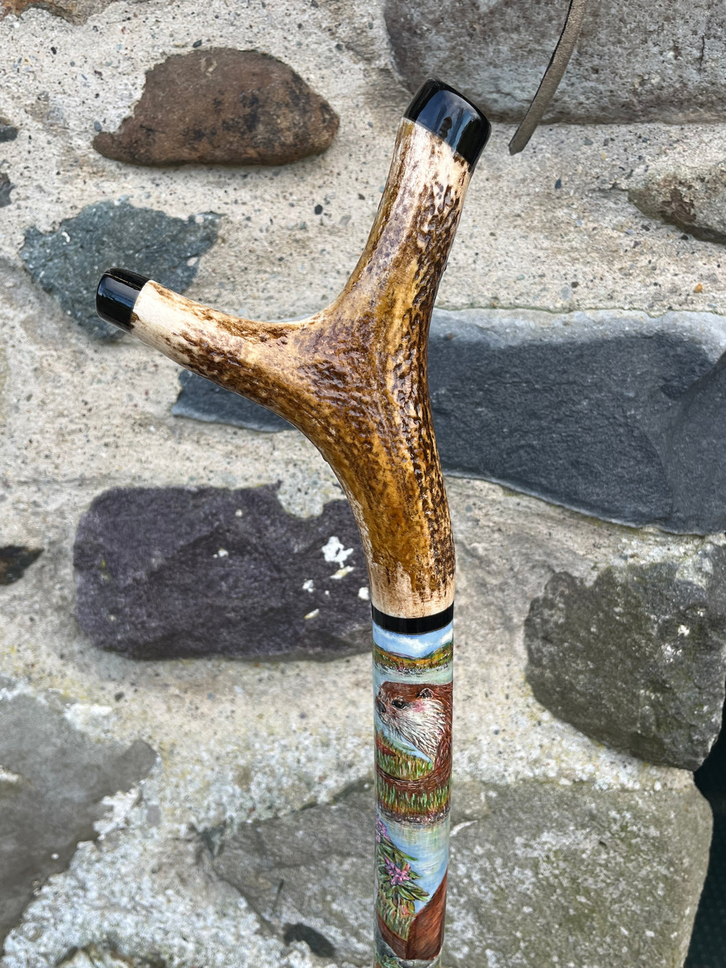 Otters in the River - Hand Painted Hazel Thumbstick with Antler Handle