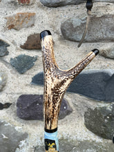 Load image into Gallery viewer, Handpainted Stag Horn Thumb Stick depicting Falcon on Glove by Helen Elizabeth Studios
