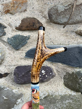 Load image into Gallery viewer, Goldfinch on thistle hand painted stag horn thumbstick by Helen Elizabeth Studios
