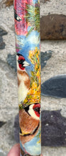 Load image into Gallery viewer, Goldfinches on Thistle- Hand Painted Hazel Thumbstick with Antler Handle
