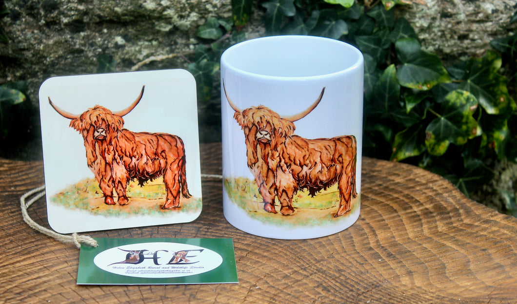 Scotland's Wildlife Collection -  Highland Cow Ceramic Mug and Coaster by Helen Elizabeth
