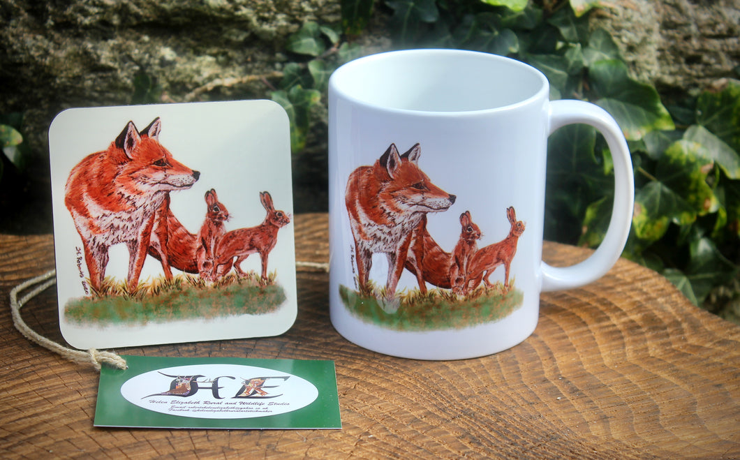 Wildlife Getting Along Collection - Fox, Rabbit and Hare Ceramic Mug and Coaster by Helen Elizabeth