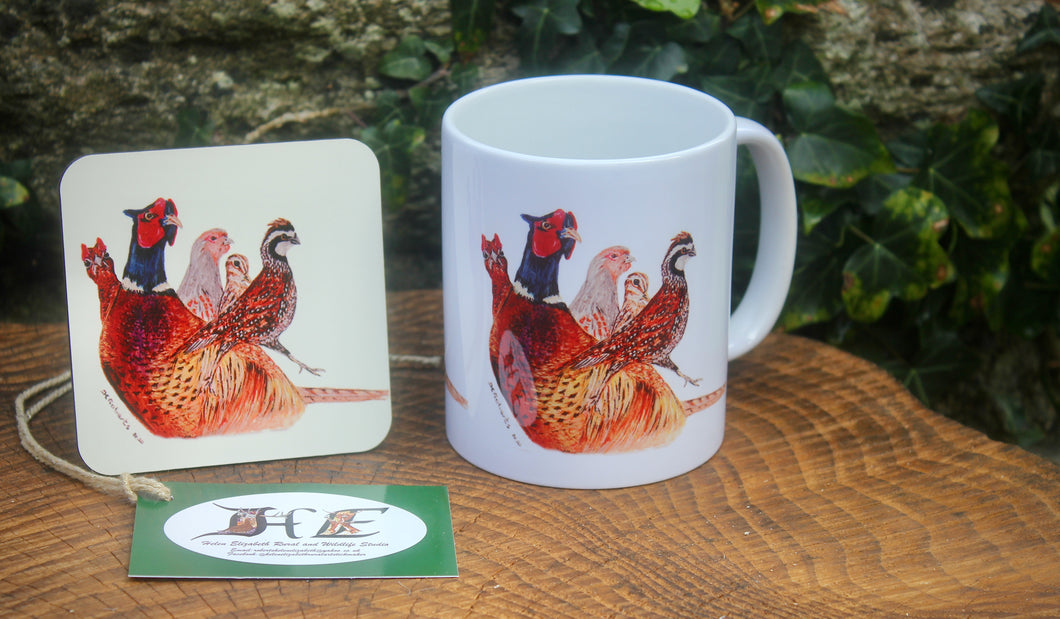 Pheasant and friends mug and coaster by Helen Elizabeth