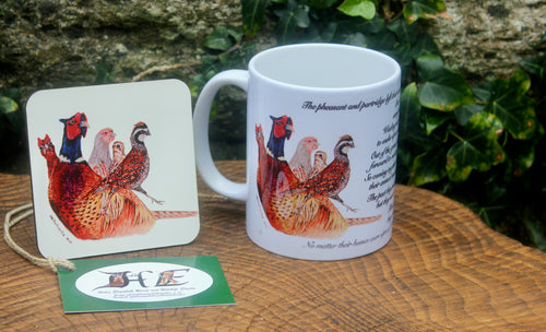 Pheasant and friends with poem mug and coaster by Helen Elizabeth