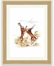 Load image into Gallery viewer, boxing hares fine art giclee print by helen  elizabeth roberts

