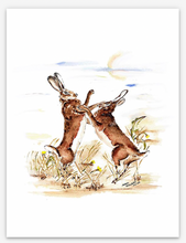 Load image into Gallery viewer, boxing hares giclee fine art print by helen elizabeth roberts
